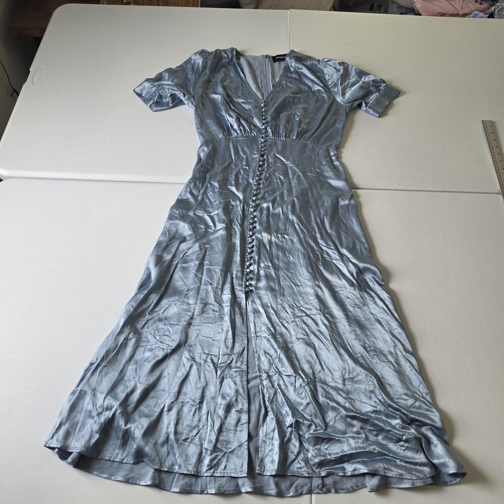 The Kooples Dress 2 Blue Satin Button Front Ruched Puff Sleeve Maxi Formal Gown